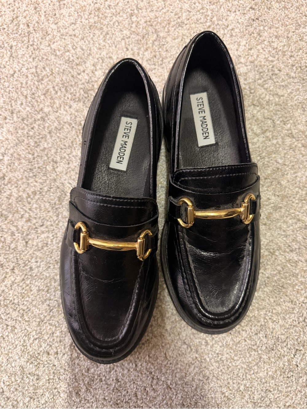 Steve Madden Black Leather Loafers with Gold Horsebit